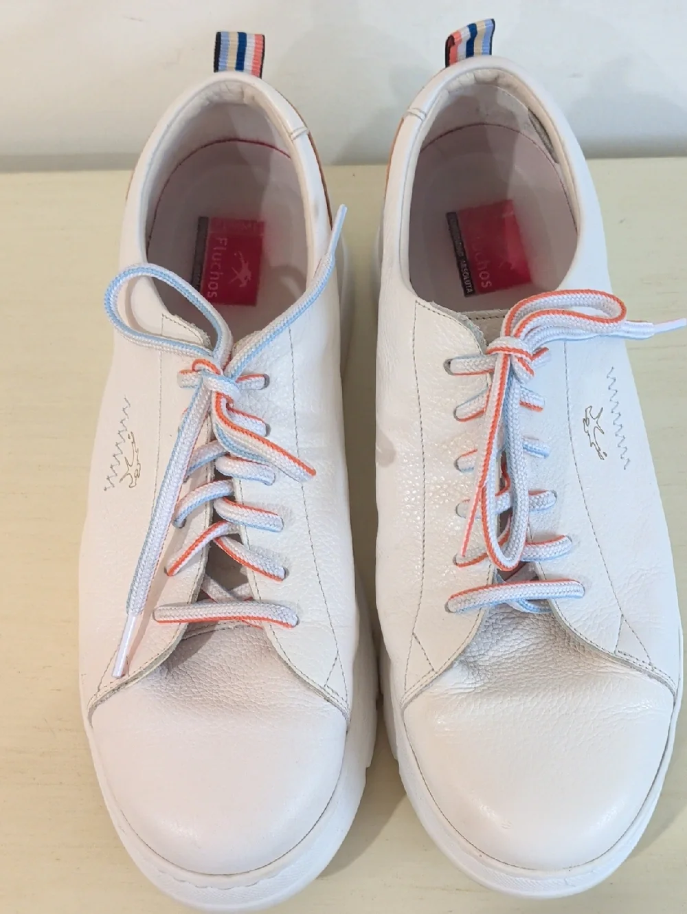 Fluchos White Leather Lace-Up Sneakers with Orange Trim And Rubber Soles Size 41 - Picture 5 of 13